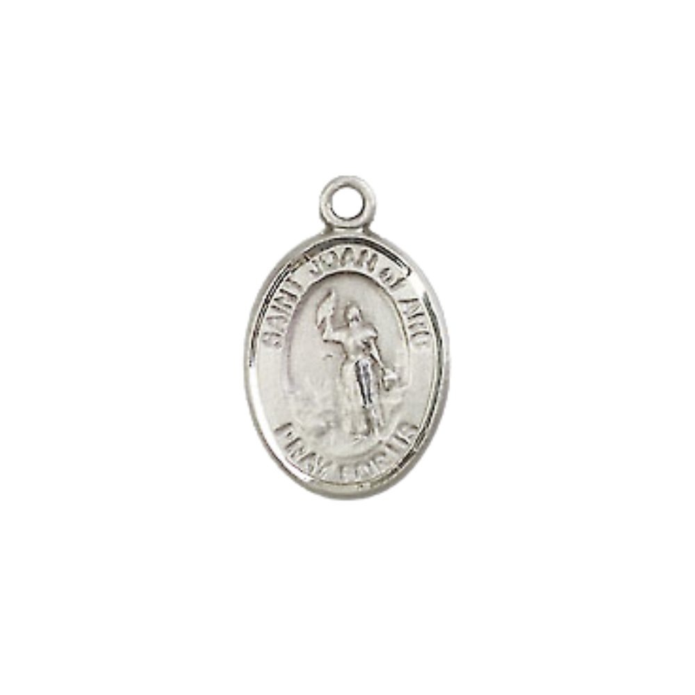 Small Sized Women's Pewter Saint St. Joan of Arc Medal Pendant on 18 Inch Rhodium Plated Lite Curb Brass Chain with Lobster Claw Clasp, Catholic Religious Necklace - Made in USA- Velvet Gift Box