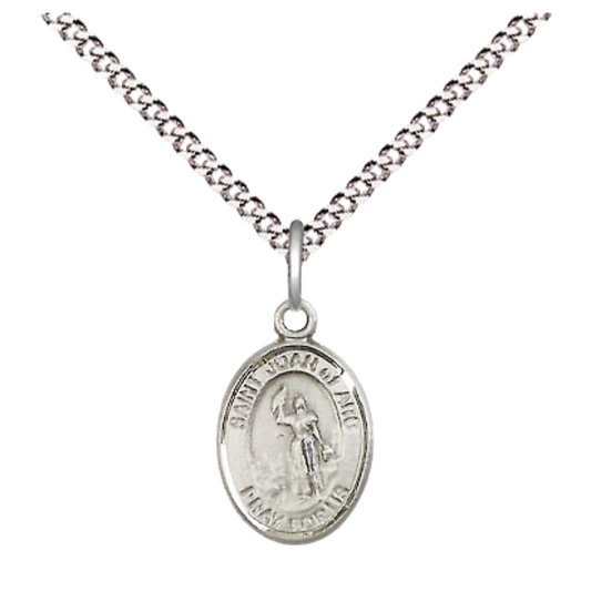 Small Sized Women's Pewter Saint St. Joan of Arc Medal Pendant on 18 Inch Rhodium Plated Lite Curb Brass Chain with Lobster Claw Clasp, Catholic Religious Necklace - Made in USA- Velvet Gift Box