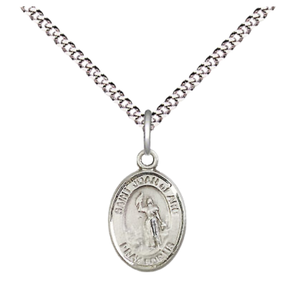 Small Sized Women's Pewter Saint St. Joan of Arc Medal Pendant on 18 Inch Rhodium Plated Lite Curb Brass Chain with Lobster Claw Clasp, Catholic Religious Necklace - Made in USA- Velvet Gift Box