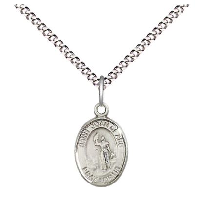 Small Sized Women's Pewter Saint St. Joan of Arc Medal Pendant on 18 Inch Rhodium Plated Lite Curb Brass Chain with Lobster Claw Clasp, Catholic Religious Necklace - Made in USA- Velvet Gift Box