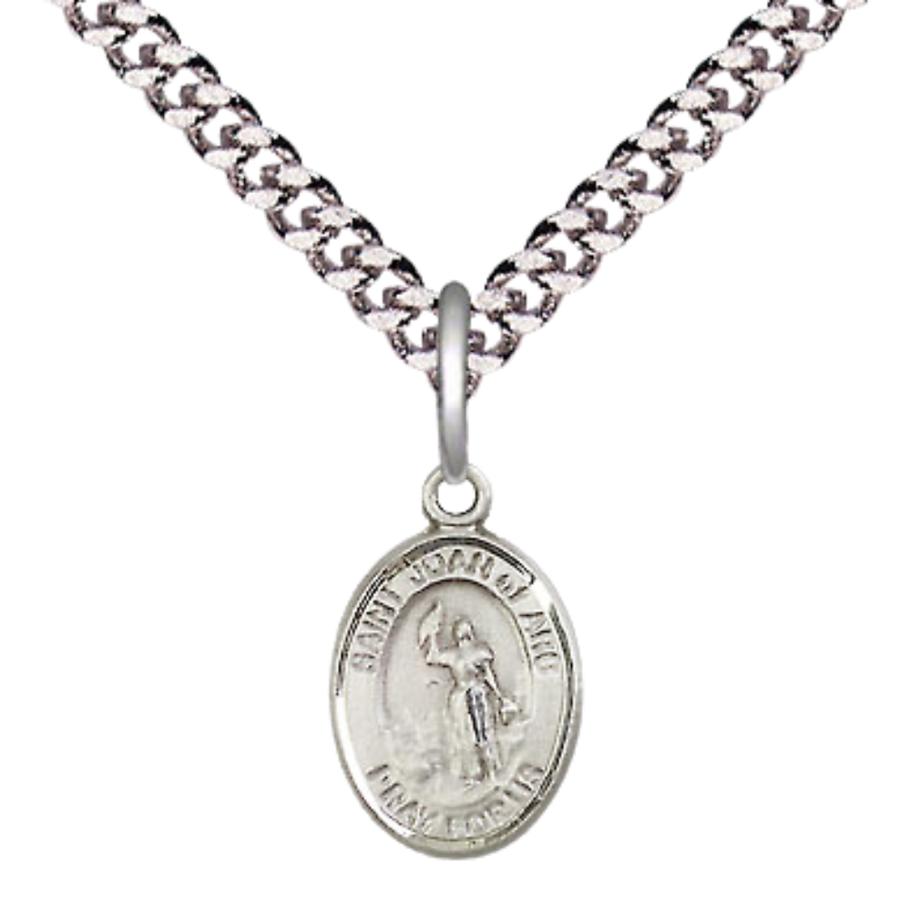Small Sized Men's Pewter Saint St. Joan of Arc Medal Pendant on 24 Inch Endless Rhodium Plated Heavy Curb Brass Chain, Catholic Religious Necklace - Made in USA- Deluxe Velvet Gift Box