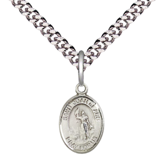 Small Sized Men's Pewter Saint St. Joan of Arc Medal Pendant on 24 Inch Endless Rhodium Plated Heavy Curb Brass Chain, Catholic Religious Necklace - Made in USA- Deluxe Velvet Gift Box