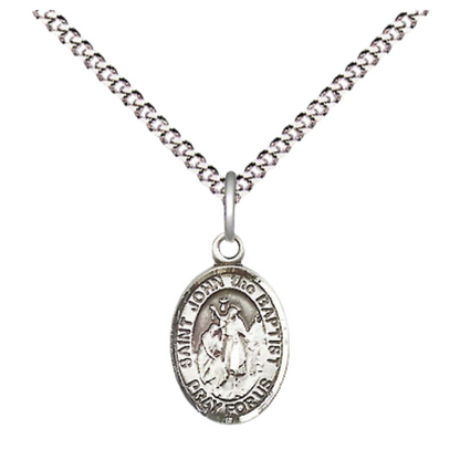 Small Sized Women's Pewter Saint St. John the Baptist Medal Pendant on 18 Inch Rhodium Plated Lite Curb Brass Chain with Lobster Claw Clasp, Catholic Religious Necklace - Made in USA- Velvet Gift Box