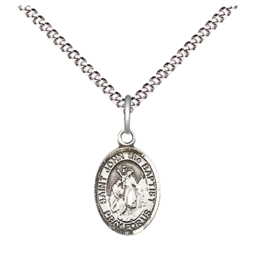 Small Sized Women's .925 Sterling Silver Saint St. John the Baptist Medal Pendant on 18 Inch Rhodium Plated Lite Curb Brass Chain with Lobster Claw Clasp, Catholic Religious Necklace - Made in USA- Velvet Gift Box