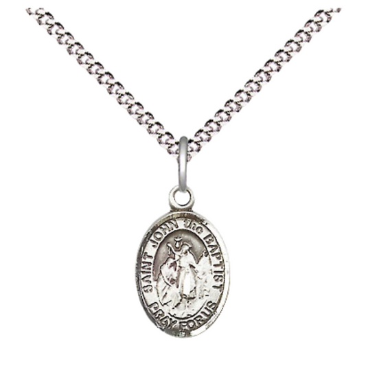 Small Sized Women's Pewter Saint St. John the Baptist Medal Pendant on 18 Inch Rhodium Plated Lite Curb Brass Chain with Lobster Claw Clasp, Catholic Religious Necklace - Made in USA- Velvet Gift Box