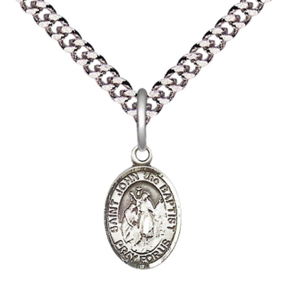 Small Sized Men's Pewter Saint St. John the Baptist Medal Pendant on 24 Inch Endless Rhodium Plated Heavy Curb Brass Chain, Catholic Religious Necklace - Made in USA- Deluxe Velvet Gift Box