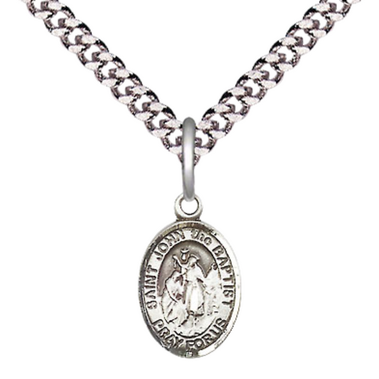 Small Sized Men's Pewter Saint St. John the Baptist Medal Pendant on 24 Inch Endless Rhodium Plated Heavy Curb Brass Chain, Catholic Religious Necklace - Made in USA- Deluxe Velvet Gift Box