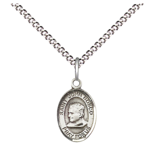 Small Sized Women's Pewter Saint St. John Bosco Medal Pendant on 18 Inch Rhodium Plated Lite Curb Brass Chain with Lobster Claw Clasp, Catholic Religious Necklace - Made in USA- Velvet Gift Box