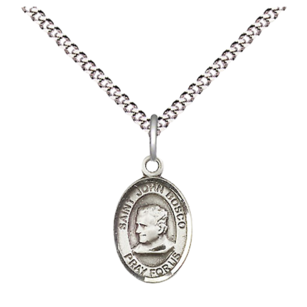 Small Sized Women's Pewter Saint St. John Bosco Medal Pendant on 18 Inch Rhodium Plated Lite Curb Brass Chain with Lobster Claw Clasp, Catholic Religious Necklace - Made in USA- Velvet Gift Box
