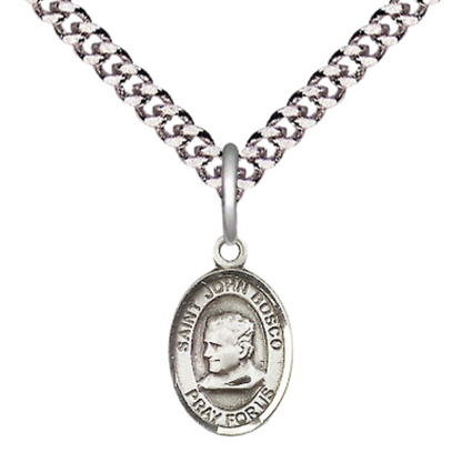 Small Sized Men's Pewter Saint St. John Bosco Medal Pendant on 24 Inch Endless Rhodium Plated Heavy Curb Brass Chain, Catholic Religious Necklace - Made in USA- Deluxe Velvet Gift Box