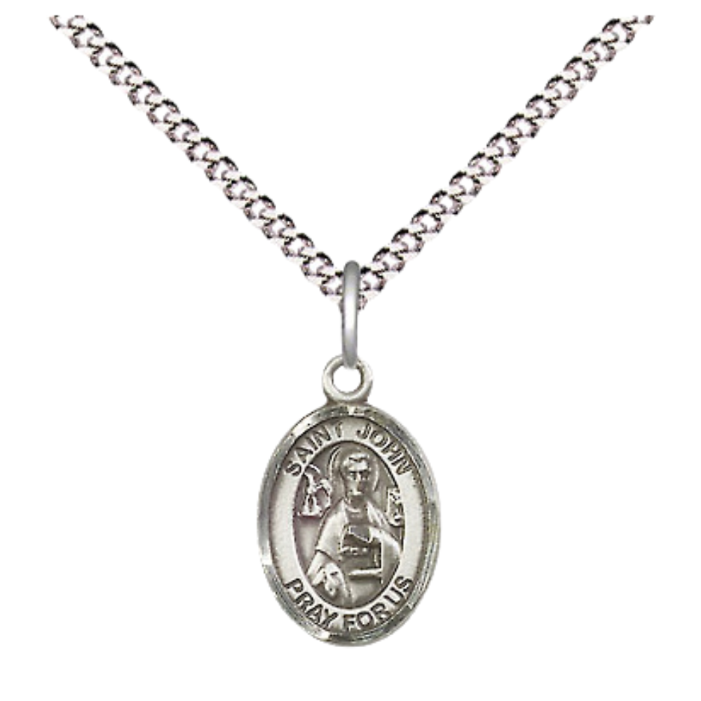 Small Sized Women's .925 Sterling Silver Saint St. John the Apostle Medal Pendant on 18 Inch Rhodium Plated Lite Curb Brass Chain with Lobster Claw Clasp, Catholic Religious Necklace - Made in USA- Velvet Gift Box