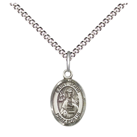 Small Sized Women's .925 Sterling Silver Saint St. John the Apostle Medal Pendant on 18 Inch Rhodium Plated Lite Curb Brass Chain with Lobster Claw Clasp, Catholic Religious Necklace - Made in USA- Velvet Gift Box