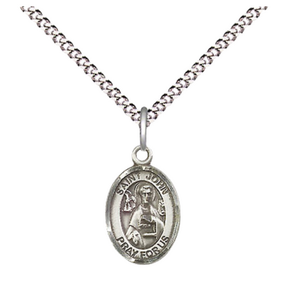 Small Sized Women's Pewter Saint St. John the Apostle Medal Pendant on 18 Inch Rhodium Plated Lite Curb Brass Chain with Lobster Claw Clasp, Catholic Religious Necklace - Made in USA- Velvet Gift Box
