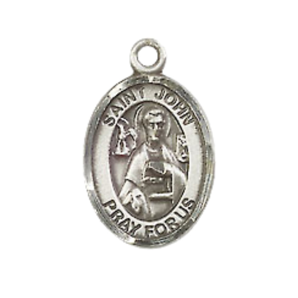 Small Sized Men's Pewter Saint St. John the Apostle Medal Pendant on 24 Inch Endless Rhodium Plated Heavy Curb Brass Chain, Catholic Religious Necklace - Made in USA- Deluxe Velvet Gift Box