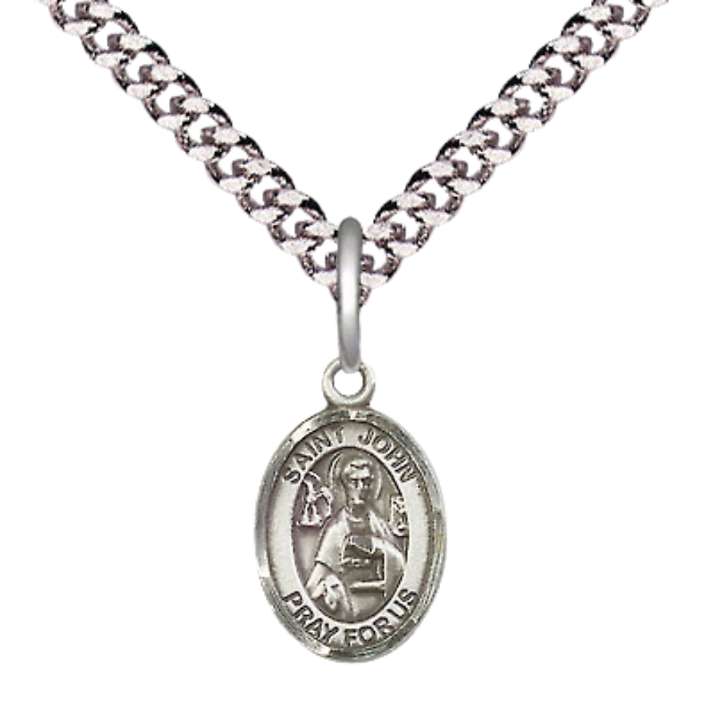 Small Sized Men's Pewter Saint St. John the Apostle Medal Pendant on 24 Inch Endless Rhodium Plated Heavy Curb Brass Chain, Catholic Religious Necklace - Made in USA- Deluxe Velvet Gift Box