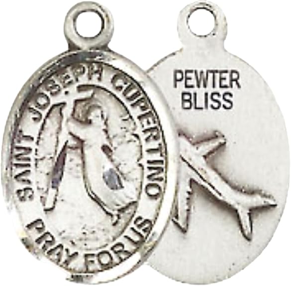 Small Sized Women's Pewter Saint St. Joseph of Cupertino Medal Pendant on 18 Inch Rhodium Plated Lite Curb Brass Chain with Lobster Claw Clasp, Catholic Religious Necklace - Made in USA- Velvet Gift Box