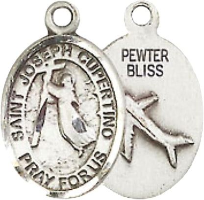 Small Sized Men's Pewter Saint St. Joseph of Cupertino Medal Pendant on 24 Inch Endless Rhodium Plated Heavy Curb Brass Chain, Catholic Religious Necklace - Made in USA- Deluxe Velvet Gift Box
