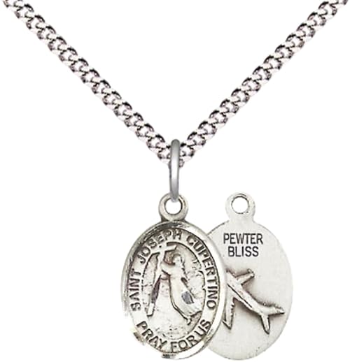 Small Sized Women's Pewter Saint St. Joseph of Cupertino Medal Pendant on 18 Inch Rhodium Plated Lite Curb Brass Chain with Lobster Claw Clasp, Catholic Religious Necklace - Made in USA- Velvet Gift Box