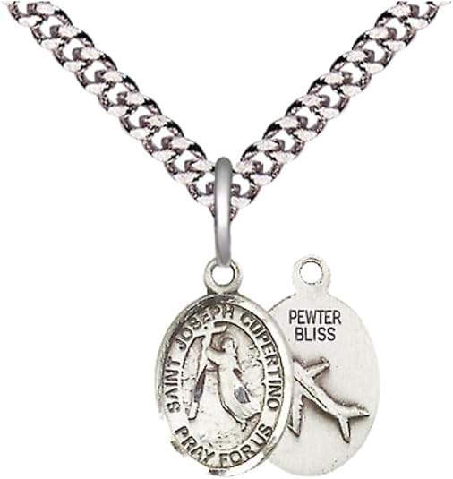 Small Sized Men's Pewter Saint St. Joseph of Cupertino Medal Pendant on 24 Inch Endless Rhodium Plated Heavy Curb Brass Chain, Catholic Religious Necklace - Made in USA- Deluxe Velvet Gift Box