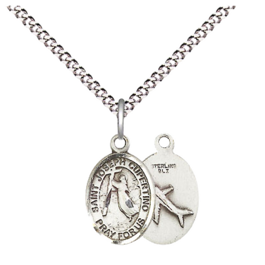 Small Sized Women's .925 Sterling Silver Saint St. Joseph of Cupertino Medal Pendant on 18 Inch Rhodium Plated Lite Curb Brass Chain w/ Lobster Claw Clasp, Catholic Religious Necklace - Made in USA- Velvet Gift Box
