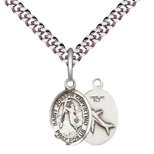 Small Sized Men's .925 Sterling Silver Saint St. Joseph of Cupertino Medal Pendant on 24 Inch Endless Rhodium Plated Heavy Curb Brass Chain, Catholic Religious Necklace - Made in USA- Deluxe Velvet Gift Box