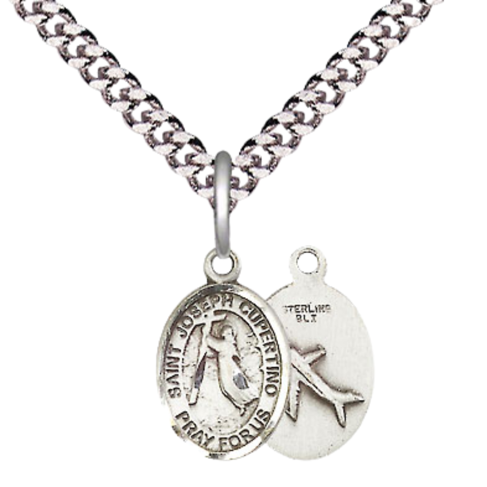 Small Sized Men's .925 Sterling Silver Saint St. Joseph of Cupertino Medal Pendant on 24 Inch Endless Rhodium Plated Heavy Curb Brass Chain, Catholic Religious Necklace - Made in USA- Deluxe Velvet Gift Box