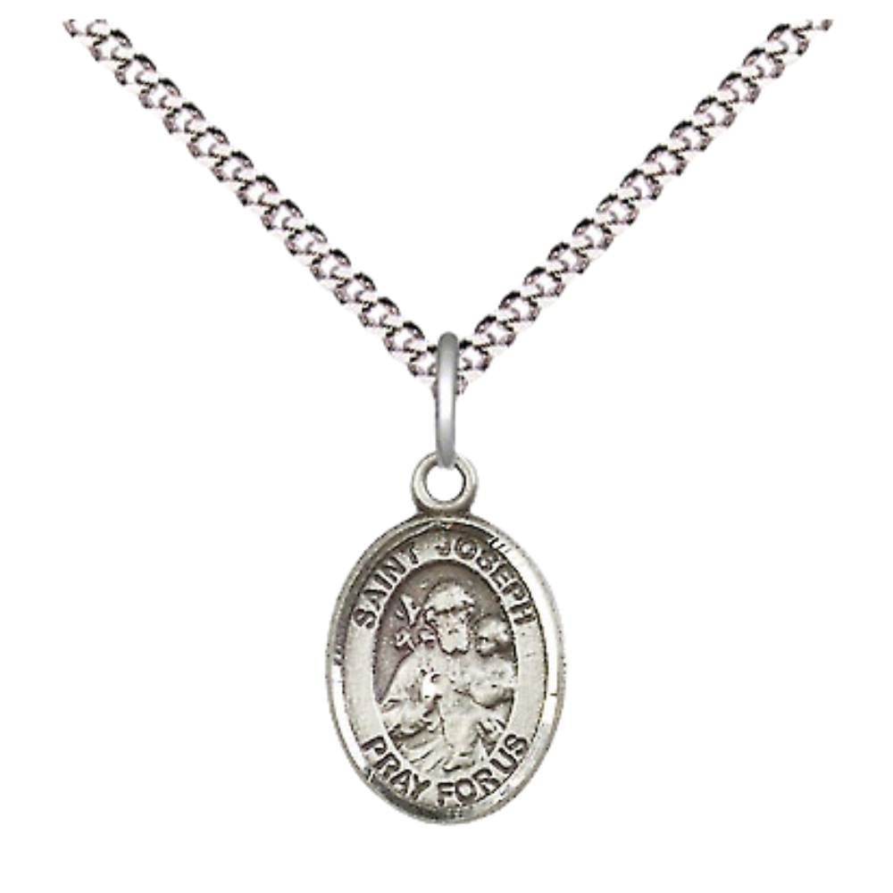 Small Sized Women's Pewter Saint Joseph Medal Pendant on 18 Inch Rhodium Plated Lite Curb Brass Chain with Lobster Claw Clasp, Catholic Religious Necklace - Made in USA- Velvet Gift Box