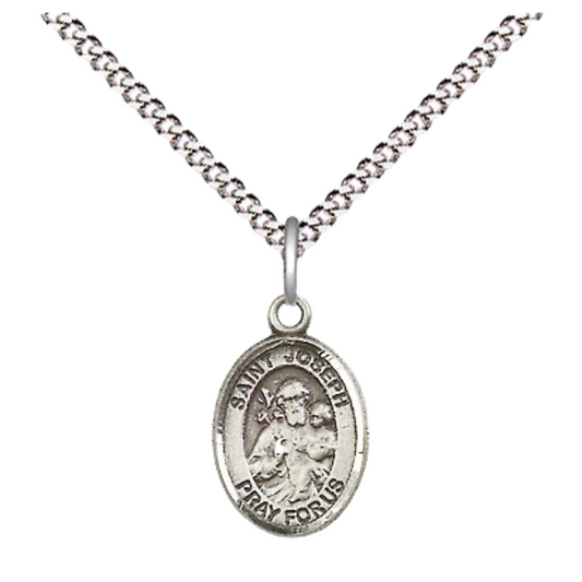 Small Sized Women's Pewter Saint Joseph Medal Pendant on 18 Inch Rhodium Plated Lite Curb Brass Chain with Lobster Claw Clasp, Catholic Religious Necklace - Made in USA- Velvet Gift Box