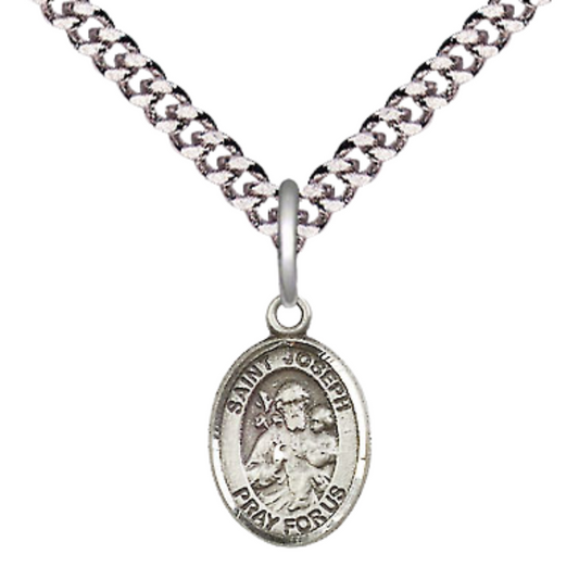 Small Sized Men's .925 Sterling Silver Saint St. Joseph Medal Pendant on 24 Inch Endless Rhodium Plated Heavy Curb Brass Chain, Catholic Religious Necklace - Made in USA- Deluxe Velvet Gift Box
