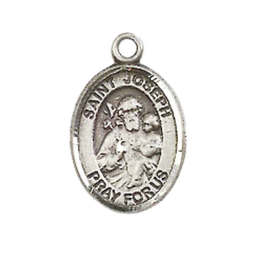 Small Sized Men's Pewter Saint St. Joseph Medal Pendant on 24 Inch Endless Rhodium Plated Heavy Curb Brass Chain, Catholic Religious Necklace - Made in USA- Deluxe Velvet Gift Box