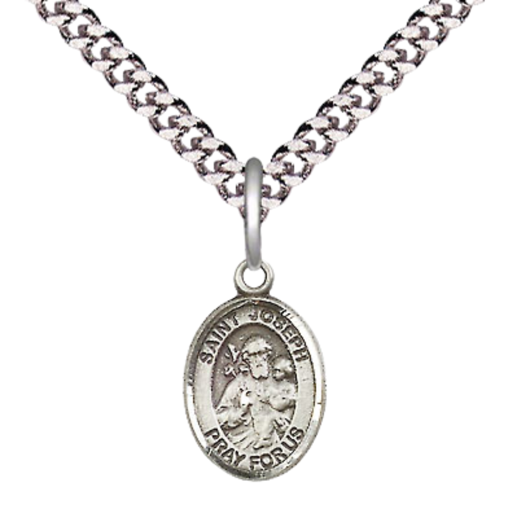 Small Sized Men's .925 Sterling Silver Saint St. Joseph Medal Pendant on 24 Inch Endless Rhodium Plated Heavy Curb Brass Chain, Catholic Religious Necklace - Made in USA- Deluxe Velvet Gift Box