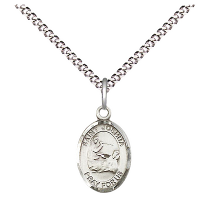 Small Sized Women's Pewter Saint St. Joshua Medal Pendant on 18 Inch Rhodium Plated Lite Curb Brass Chain with Lobster Claw Clasp, Catholic Religious Necklace - Made in USA- Velvet Gift Box