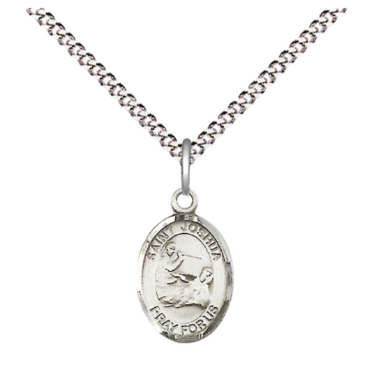 Small Sized Women's Pewter Saint St. Joshua Medal Pendant on 18 Inch Rhodium Plated Lite Curb Brass Chain with Lobster Claw Clasp, Catholic Religious Necklace - Made in USA- Velvet Gift Box