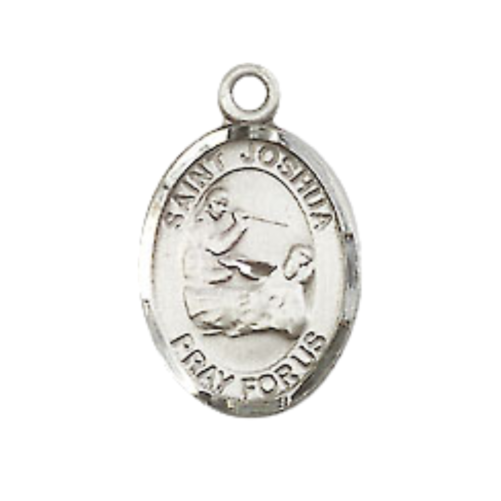 Small Sized Men's Pewter Saint St. Joshua Medal Pendant on 24 Inch Endless Rhodium Plated Heavy Curb Brass Chain, Catholic Religious Necklace - Made in USA- Deluxe Velvet Gift Box