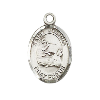 Small Sized Men's Pewter Saint St. Joshua Medal Pendant on 24 Inch Endless Rhodium Plated Heavy Curb Brass Chain, Catholic Religious Necklace - Made in USA- Deluxe Velvet Gift Box