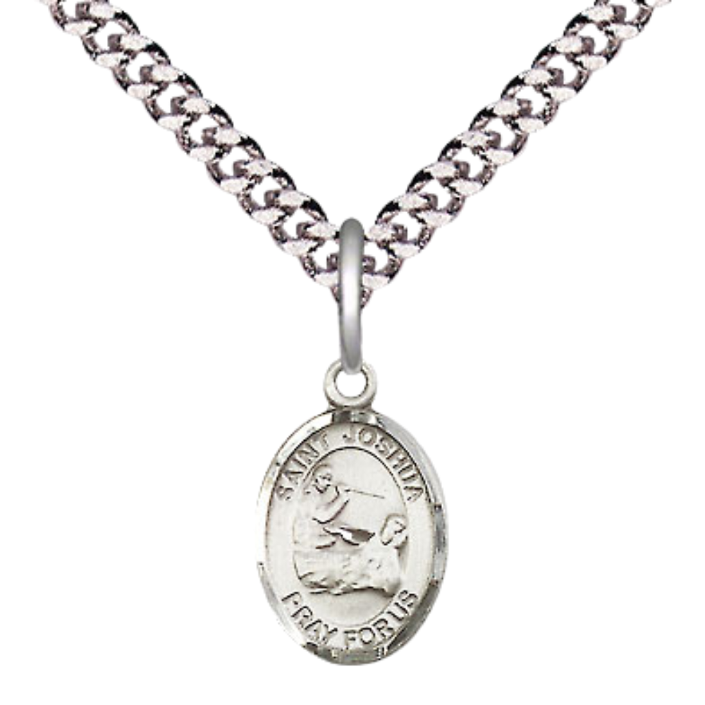Small Sized Men's Pewter Saint St. Joshua Medal Pendant on 24 Inch Endless Rhodium Plated Heavy Curb Brass Chain, Catholic Religious Necklace - Made in USA- Deluxe Velvet Gift Box