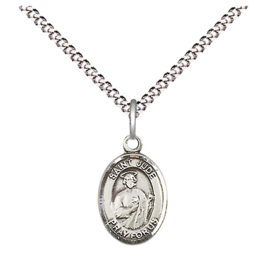 Small Sized Women's Pewter Saint St. Jude Medal Pendant on 18 Inch Rhodium Plated Lite Curb Brass Chain with Lobster Claw Clasp, Catholic Religious Necklace - Made in USA- Velvet Gift Box