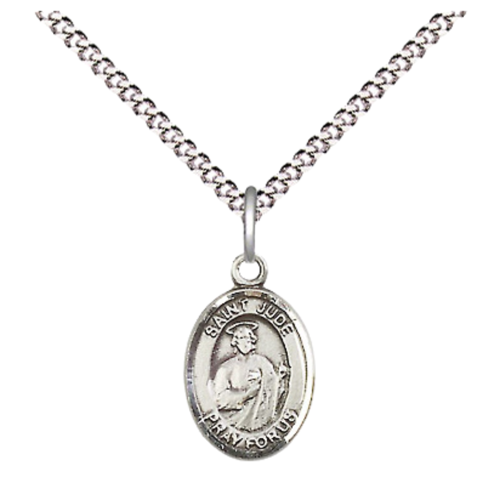 Small Sized Women's Pewter Saint St. Jude Medal Pendant on 18 Inch Rhodium Plated Lite Curb Brass Chain with Lobster Claw Clasp, Catholic Religious Necklace - Made in USA- Velvet Gift Box