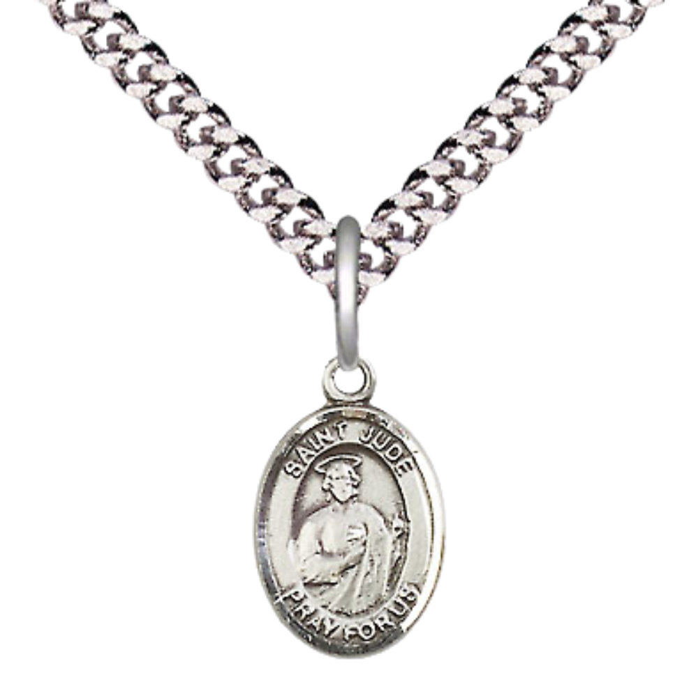 Small Sized Men's .925 Sterling Silver Saint St. Jude Medal Pendant on 24 Inch Endless Rhodium Plated Heavy Curb Brass Chain, Catholic Religious Necklace - Made in USA- Deluxe Velvet Gift Box