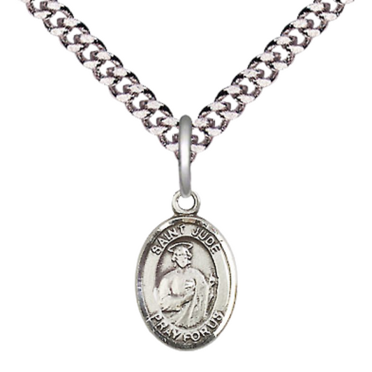 Small Sized Men's .925 Sterling Silver Saint St. Jude Medal Pendant on 24 Inch Endless Rhodium Plated Heavy Curb Brass Chain, Catholic Religious Necklace - Made in USA- Deluxe Velvet Gift Box