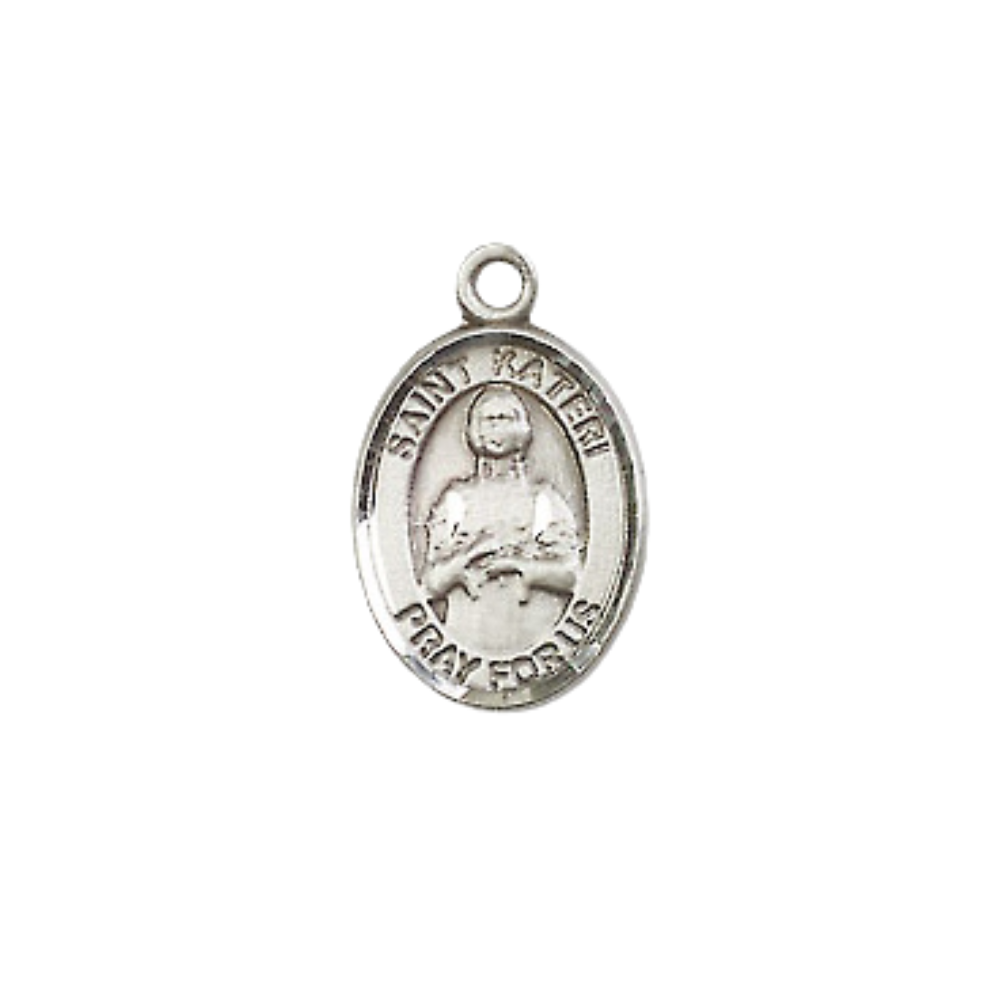 Small Sized Women's Pewter Saint St. Kateri Medal Pendant on 18 Inch Rhodium Plated Lite Curb Brass Chain with Lobster Claw Clasp, Catholic Religious Necklace - Made in USA- Velvet Gift Box