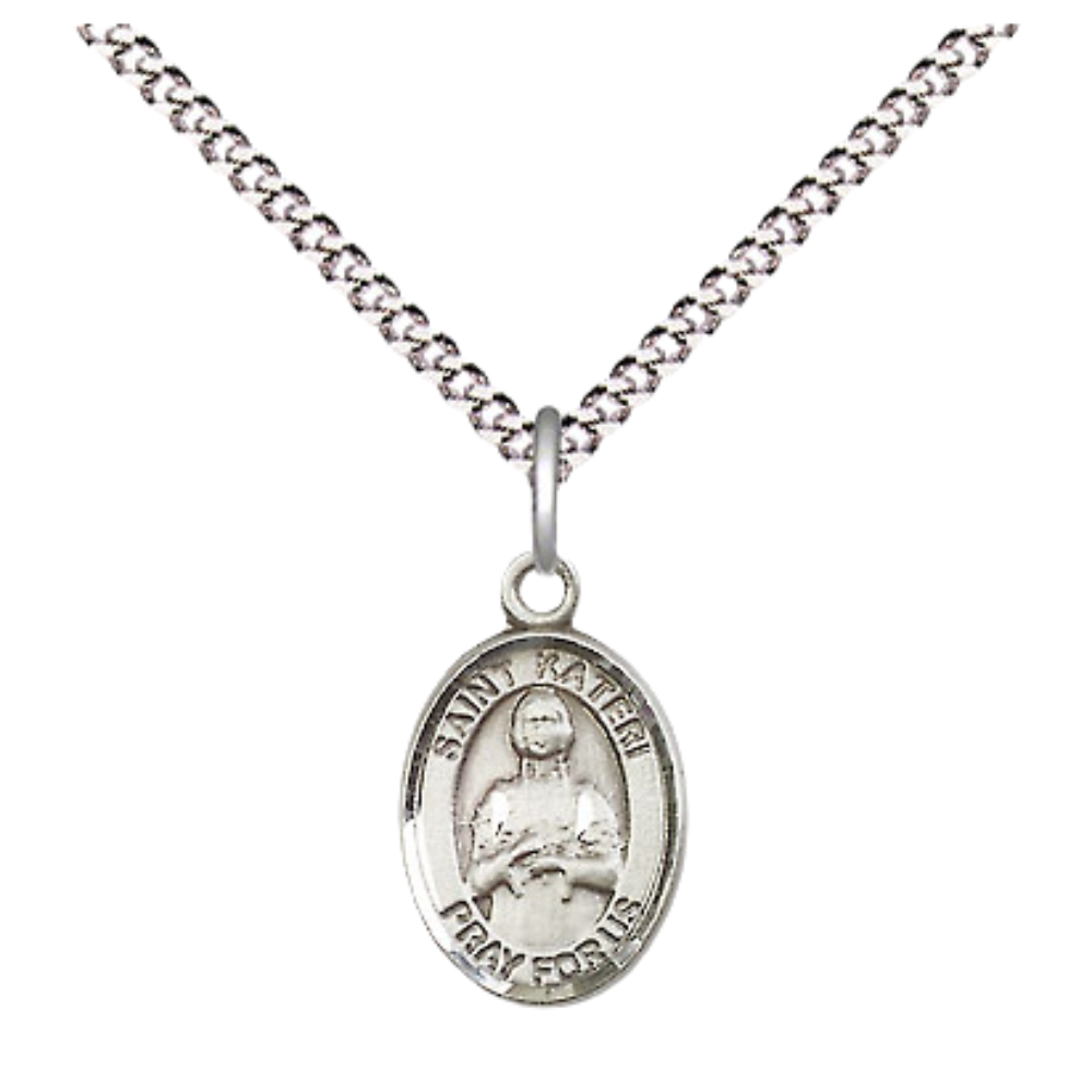 Small Sized Women's Pewter Saint St. Kateri Medal Pendant on 18 Inch Rhodium Plated Lite Curb Brass Chain with Lobster Claw Clasp, Catholic Religious Necklace - Made in USA- Velvet Gift Box