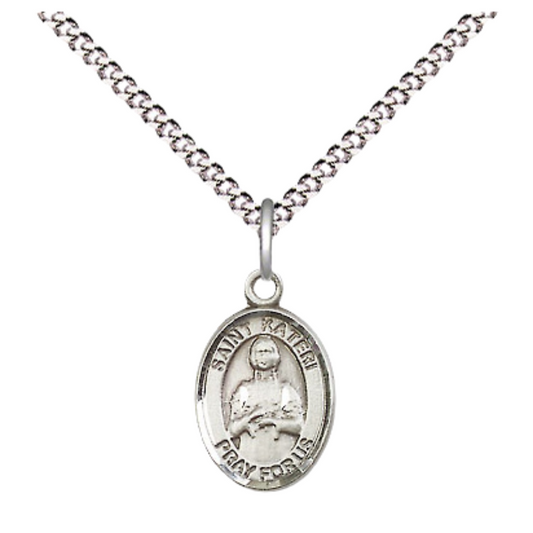 Small Sized Women's Pewter Saint St. Kateri Medal Pendant on 18 Inch Rhodium Plated Lite Curb Brass Chain with Lobster Claw Clasp, Catholic Religious Necklace - Made in USA- Velvet Gift Box