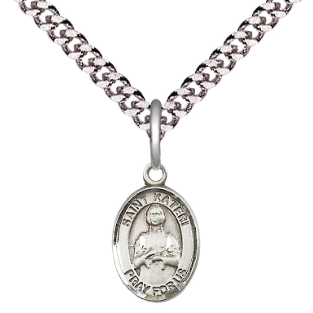 Small Sized Men's Pewter Saint St. Kateri Medal Pendant on 24 Inch Endless Rhodium Plated Heavy Curb Brass Chain, Catholic Religious Necklace - Made in USA- Deluxe Velvet Gift Box