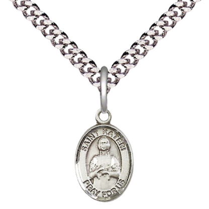 Small Sized Men's Pewter Saint St. Kateri Medal Pendant on 24 Inch Endless Rhodium Plated Heavy Curb Brass Chain, Catholic Religious Necklace - Made in USA- Deluxe Velvet Gift Box