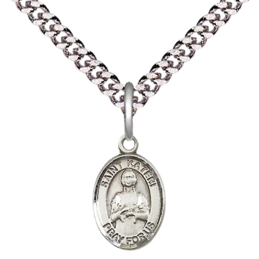 Small Sized Men's .925 Sterling Silver Saint St. Kateri Medal Pendant on 24 Inch Endless Rhodium Plated Heavy Curb Brass Chain, Catholic Religious Necklace - Made in USA- Deluxe Velvet Gift Box