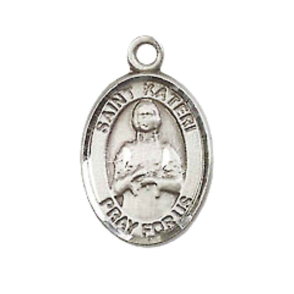 Small Sized Men's Pewter Saint St. Kateri Medal Pendant on 24 Inch Endless Rhodium Plated Heavy Curb Brass Chain, Catholic Religious Necklace - Made in USA- Deluxe Velvet Gift Box