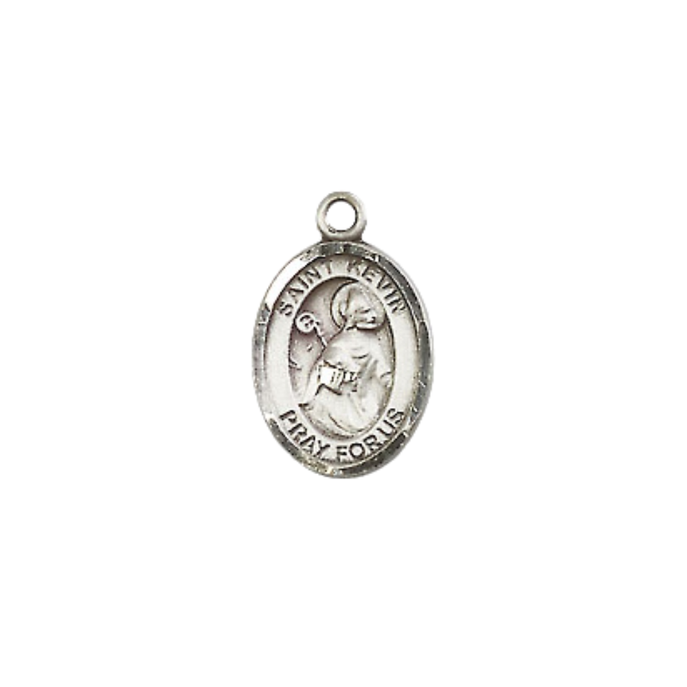 Small Sized Women's Pewter Saint St. Kevin Medal Pendant on 18 Inch Rhodium Plated Lite Curb Brass Chain with Lobster Claw Clasp, Catholic Religious Necklace - Made in USA- Velvet Gift Box