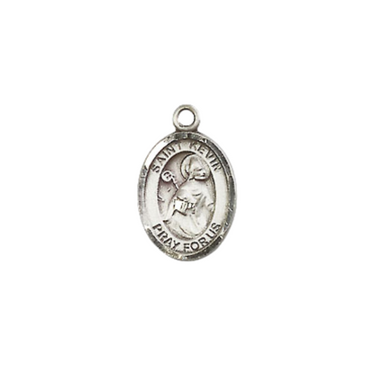 Small Sized Women's Pewter Saint St. Kevin Medal Pendant on 18 Inch Rhodium Plated Lite Curb Brass Chain with Lobster Claw Clasp, Catholic Religious Necklace - Made in USA- Velvet Gift Box