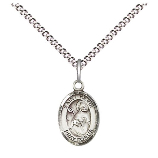 Small Sized Women's Pewter Saint St. Kevin Medal Pendant on 18 Inch Rhodium Plated Lite Curb Brass Chain with Lobster Claw Clasp, Catholic Religious Necklace - Made in USA- Velvet Gift Box